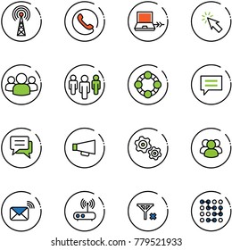 line vector icon set - antenna vector, phone, netabook connect, cursor, group, friends, chat, loudspeaker, gears, wireless mail, wi fi router, no signal, circuit
