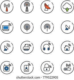 line vector icon set - antenna vector, satellite, upload cloud, notebook wi fi, printer wireless, headphones, home, speaker, identity card, lock, router