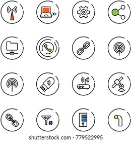 line vector icon set - antenna vector, netabook connect, gear, share, network folder, phone horn, link, usb wi fi, router, satellite, no signal, server, allen key