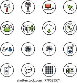 line vector icon set - antenna vector, netabook connect, cursor, group, download cloud, phone horn, information exchange, music player, identity card, chat, circuit, radio