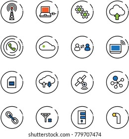 line vector icon set - antenna vector, netabook connect, gear, upload cloud, phone horn, information exchange, notebook wi fi, sim, data, satellite, molecule, link, no signal, server, allen key