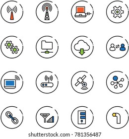 line vector icon set - antenna vector, netabook connect, gear, network folder, download cloud, information exchange, notebook wi fi, router, satellite, molecule, link, fine signal, server, allen key