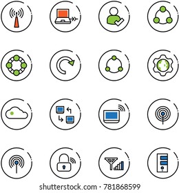 line vector icon set - antenna vector, netabook connect, user check, social, friends, redo, community, gear globe, cloud, data exchange, notebook wi fi, wireless lock, fine signal, server
