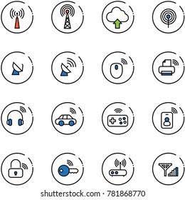 line vector icon set - antenna vector, upload cloud, satellite, mouse wireless, printer, headphones, car, joystick, identity card, lock, key, wi fi router, fine signal