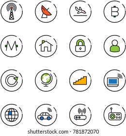 line vector icon set - antenna vector, satellite, arrival, bitcoin, monero, home, locked, user, reload, globe, stairs, notebook wi fi, car wireless, router, radio