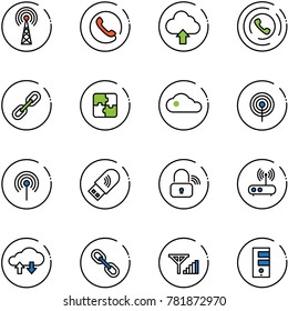 line vector icon set - antenna vector, phone, upload cloud, horn, link, puzzle, usb wi fi, wireless lock, router, exchange data, fine signal, server