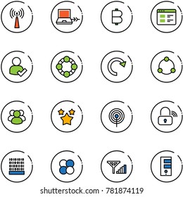 line vector icon set - antenna vector, netabook connect, bitcoin, website, user check, friends, redo, community, group, stars, wireless lock, binary code, atom core, fine signal, server