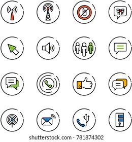 line vector icon set - antenna vector, no mobile sign, bow message, cursor, volume medium, group, chat, phone horn, finger up, dialog, wireless mail, server