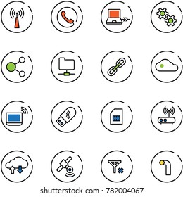 line vector icon set - antenna vector, phone, netabook connect, gear, share, network folder, link, cloud, notebook wi fi, usb, sim, router, exchange data, satellite, no signal, allen key