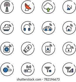line vector icon set - antenna vector, satellite, upload cloud, printer wireless, headphones, car, home, speaker, usb wi fi, identity card, lock, key, router, no signal, fine