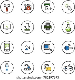 line vector icon set - antenna vector, camera, atm, cursor, monitor, download, printer, round flask, mobile, satellite, monoblock pc, wireless key, laser, conveyor, machine tool, gamepad
