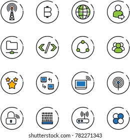 line vector icon set - antenna vector, bitcoin, globe, user login, network folder, tag code, community, group, stars, data exchange, notebook wi fi, wireless lock, binary, router, atom core