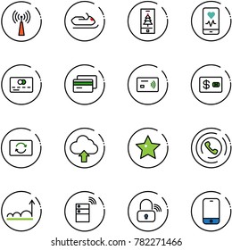 line vector icon set - antenna vector, snowmobile, christmas mobile, heart monitor, credit card, tap pay, exchange, upload cloud, star, phone horn, growth, server wireless, lock
