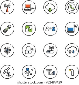 line vector icon set - antenna vector, netabook connect, download cloud, phone horn, link, puzzle, information exchange, notebook wi fi, wireless lock, router, data, satellite, molecule, fine signal