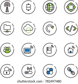 line vector icon set - antenna vector, bitcoin, globe, friends, network folder, refresh cloud, redo, tag code, group, notebook wi fi, server wireless, home, lock, router, atom core, link