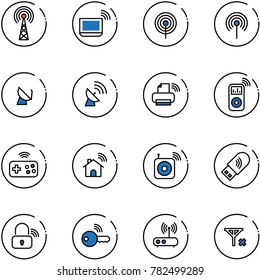 line vector icon set - antenna vector, notebook wi fi, satellite, printer wireless, music player, joystick, home, speaker, usb, lock, key, router, no signal
