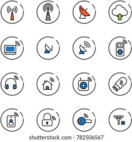 line vector icon set - antenna vector, satellite, upload cloud, notebook wi fi, music player, wireless headphones, home, speaker, usb, identity card, lock, key, no signal