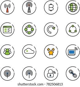 line vector icon set - antenna vector, bitcoin, globe, website, friends, redo, community, group, cloud, stars, notebook wi fi, wireless lock, link