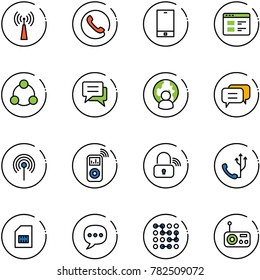 line vector icon set - antenna vector, phone, website, social, chat, man globe, dialog, music player, wireless lock, sim, circuit, radio