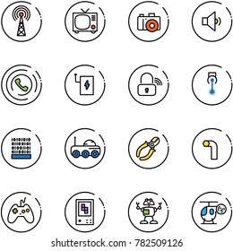 line vector icon set - antenna vector, tv, camera, low volume, phone horn, power bank, wireless lock, laser, binary code, moon rover, side cutters, allen key, joystick, game console, robot