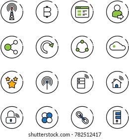 line vector icon set - antenna vector, bitcoin, website, user login, share, redo, community, cloud, stars, server wireless, home, lock, atom core, link