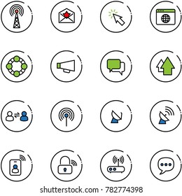 line vector icon set - antenna vector, star letter, cursor, browser globe, friends, loudspeaker, dialog, arrow up, information exchange, satellite, identity card, wireless lock, wi fi router, chat