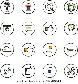 line vector icon set - antenna vector, trash bin, money click, globe, browser, chat, like, cloud, finger up, lounger, satellite, server wireless, sim, wrench screwdriver