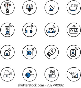 line vector icon set - antenna vector, satellite, printer wireless, music player, headphones, car, joystick, home, speaker, usb wi fi, identity card, lock, key, router, fine signal