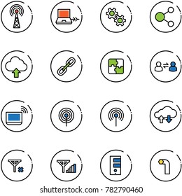 line vector icon set - antenna vector, netabook connect, gear, share, upload cloud, link, puzzle, information exchange, notebook wi fi, data, no signal, fine, server, allen key