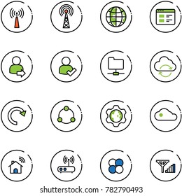 line vector icon set - antenna vector, globe, website, user login, check, network folder, refresh cloud, redo, community, gear, wireless home, wi fi router, atom core, fine signal