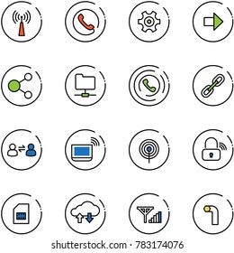 line vector icon set - antenna vector, phone, gear, right arrow, share, network folder, horn, link, information exchange, notebook wi fi, wireless lock, sim, cloud data, fine signal, allen key