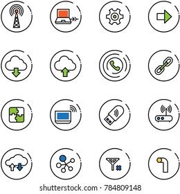 line vector icon set - antenna vector, netabook connect, gear, right arrow, download cloud, upload, phone horn, link, puzzle, notebook wi fi, usb, router, exchange data, molecule, no signal