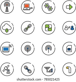 line vector icon set - antenna vector, netabook connect, gear, right arrow, download cloud, link, puzzle, information exchange, notebook wi fi, sim, satellite, fine signal, allen key