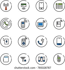 line vector icon set - antenna vector, tap pay, phone, menu, horn, mobile, notebook wi fi, server wireless, power bank, music player, micro flash card, no signal, battery, toy