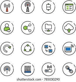line vector icon set - antenna vector, bitcoin, website, user login, share, network folder, upload cloud, redo, community, data exchange, notebook wi fi, binary code, router, link