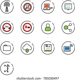 line vector icon set - antenna vector, no computer sign, netabook connect, diagnostic monitor, limited distance road, truck overtake, user, share, folder, download cloud, save, notebook wi fi