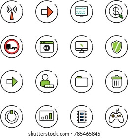 line vector icon set - antenna vector, right arrow, diagnostic monitor, money click, no trailer road sign, browser globe, cursor, shield, user password, folder, trash bin, standby, statistics, chip