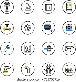 line vector icon set - antenna vector, lab, atm, mobile, gyroscope, gear, monoblock pc, binary code, wrench, hdd, steel rolling, drill machine, allen key, robot, radio