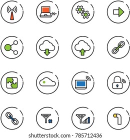 line vector icon set - antenna vector, netabook connect, gear, right arrow, share, download cloud, upload, link, puzzle, notebook wi fi, wireless lock, no signal, fine, allen key