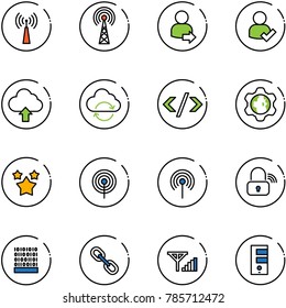 line vector icon set - antenna vector, user login, check, upload cloud, refresh, tag code, gear globe, stars, wireless lock, binary, link, fine signal, server