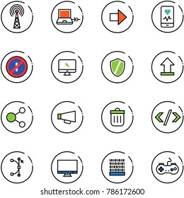 line vector icon set - antenna vector, netabook connect, right arrow, mobile heart monitor, no parkin odd, cursor, shield, uplooad, share, loudspeaker, trash bin, tag code, bezier, binary, gamepad