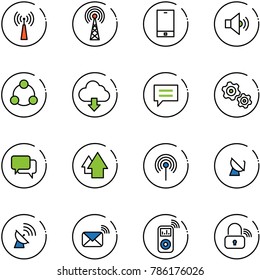 line vector icon set - antenna vector, phone, volume medium, social, download cloud, chat, gears, dialog, arrow up, satellite, wireless mail, music player, lock
