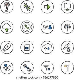 line vector icon set - antenna vector, gear, right arrow, network folder, upload cloud, phone horn, information exchange, usb wi fi, sim, data, satellite, molecule, link, no signal, allen key