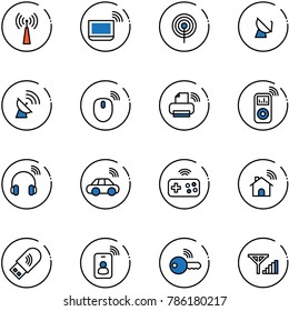 line vector icon set - antenna vector, notebook wi fi, satellite, mouse wireless, printer, music player, headphones, car, joystick, home, usb, identity card, key, fine signal