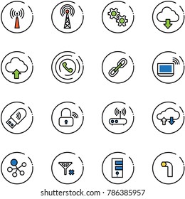 line vector icon set - antenna vector, gear, download cloud, upload, phone horn, link, notebook wi fi, usb, wireless lock, router, exchange data, molecule, no signal, server, allen key