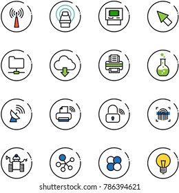 line vector icon set - antenna vector, mri, atm, cursor, network folder, download cloud, printer, round flask, satellite, wireless, lock, fingerprint scanner, robot, molecule, atom core, bulb