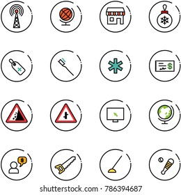 line vector icon set - antenna vector, globe, duty free, christmas ball, medical label, tooth brush, ambulance star, check, landslide road sign, intersection, monitor cursor, money dialog, saw, hoe