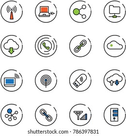 line vector icon set - antenna vector, netabook connect, share, network folder, download cloud, phone horn, link, notebook wi fi, usb, exchange data, molecule, fine signal, server