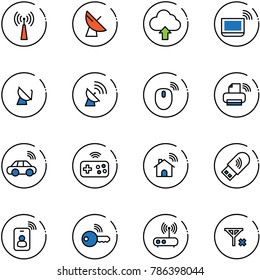 line vector icon set - antenna vector, satellite, upload cloud, notebook wi fi, mouse wireless, printer, car, joystick, home, usb, identity card, key, router, no signal