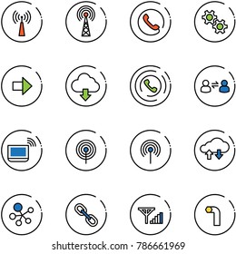 line vector icon set - antenna vector, phone, gear, right arrow, download cloud, horn, information exchange, notebook wi fi, data, molecule, link, fine signal, allen key